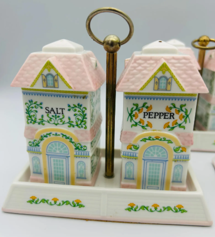 Vintage Lenox Spice Village Salt & Pepper Shaker Set with Caddy – Pastel Victorian Porcelain, 1990s Retired Kitchen Decor