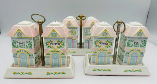 Vintage Lenox Spice Village Salt & Pepper Shaker Set with Caddy – Pastel Victorian Porcelain, 1990s Retired Kitchen Decor