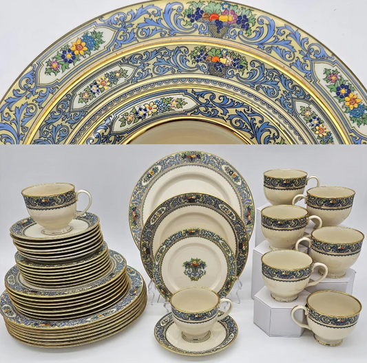 Lenox Autumn Fine China Set for 8 with 22kt Gold Trim | 40 Piece Set | Presidential Collection Blue Scrolls, Fruit | (Gold Back-Stamp)